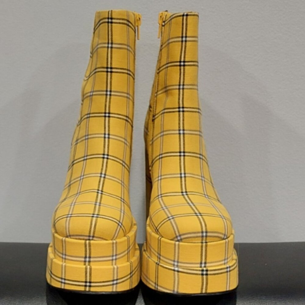 💋RETRO 70s CHIC💋Steve Madden Double Plarform Booties in Yellow & Black Plaid - Picture 12 of 16